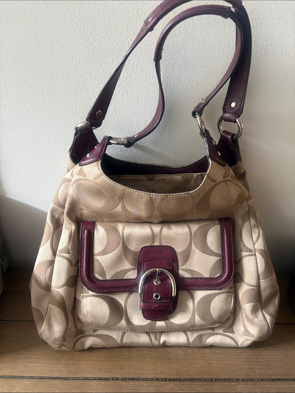 Coach Beige Signature Shoulder Bag with burgundy Trim and Buckle